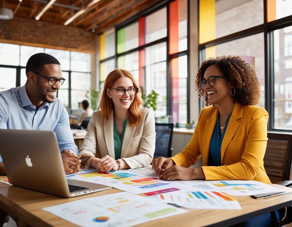 A vibrant scene depicting diverse professionals joyfully collaborating in an office environment, surrounded by uplifting motivational quotes and a colorful career roadmap. Include elements of success like awards and a joyful atmosphere, with natural light flooding in through large windows. Add subtle hints of technology like laptops and digital tools supporting their work. super-realistic. vibrant colors. warm lighting.